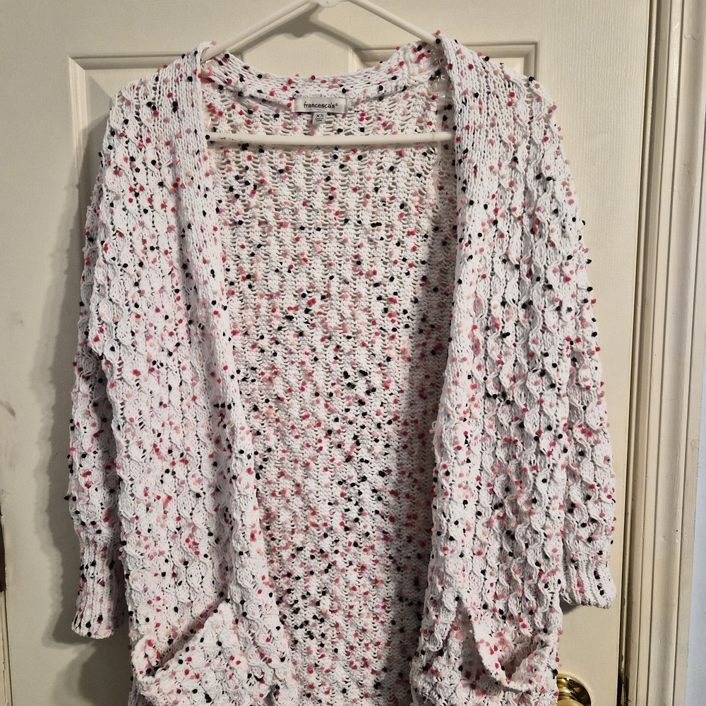 Francesca's Collections White and Pink Knit Cardigan